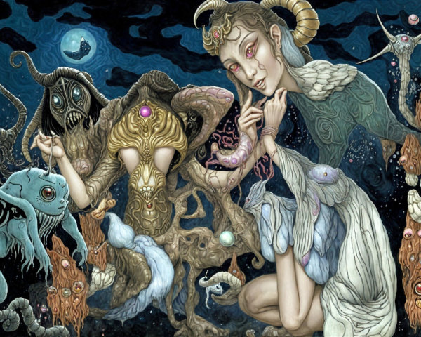Surreal Artwork with Otherworldly Creatures and Figure