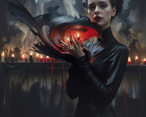Figure in Black Dress Surrounded by Candles and Art