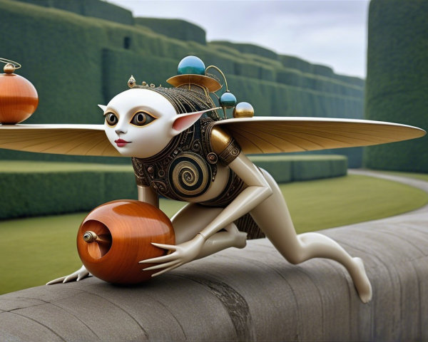 Humanoid Creature with Wings in Enchanted Garden