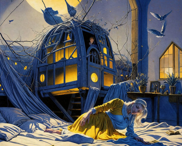 Dreamlike Scene with Woman and Treehouse at Night