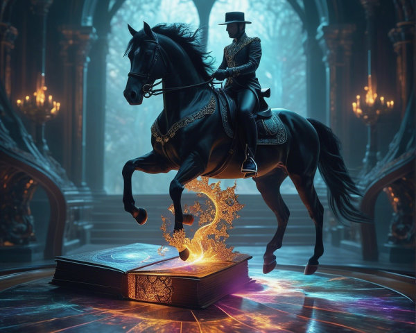 Majestic black horse leaps in candlelit castle scene