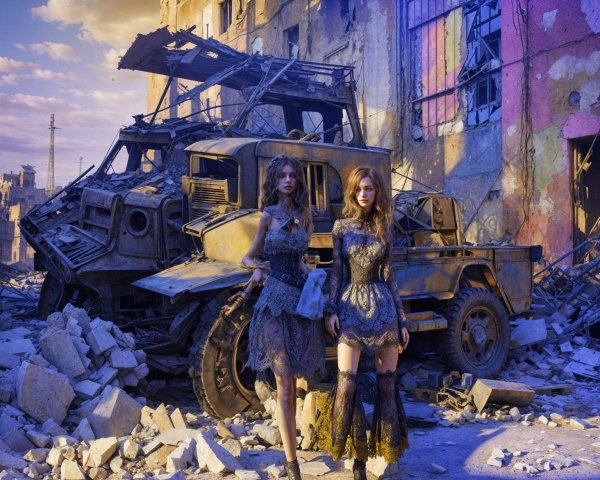 Elegantly Dressed Women in Post-Apocalyptic Ruins