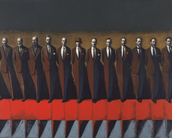 Eleven Men in Formal Suits Against Geometric Background