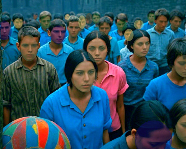 Individuals in Blue Attire in Somber Setting