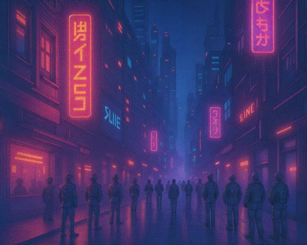 Urban street scene with neon signs and shadows