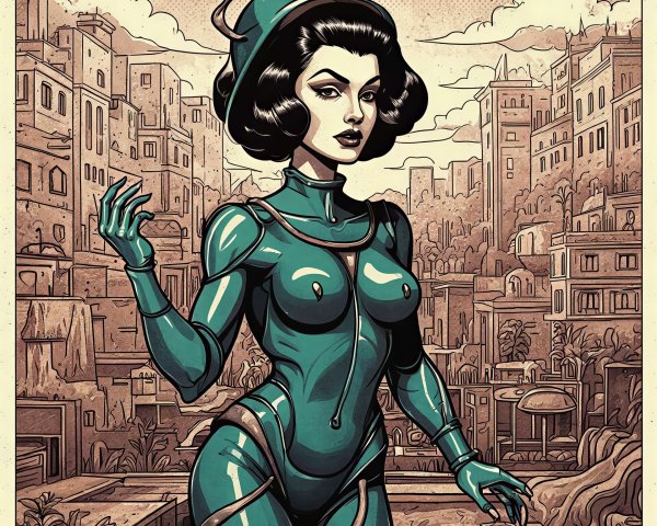 Digital pop art of femme fatale in futuristic cityscape
