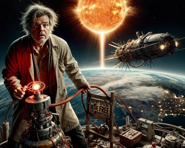 Frantic Scientist with Glowing Device in Futuristic Scene
