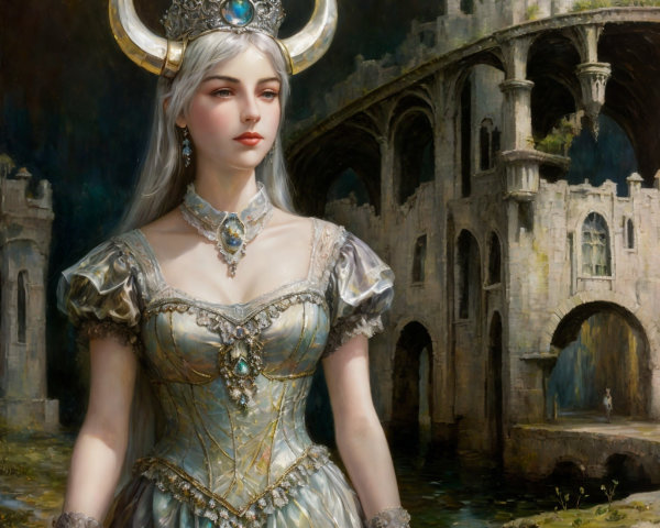 Elegant Woman in Gown with Intricate Horn Crown