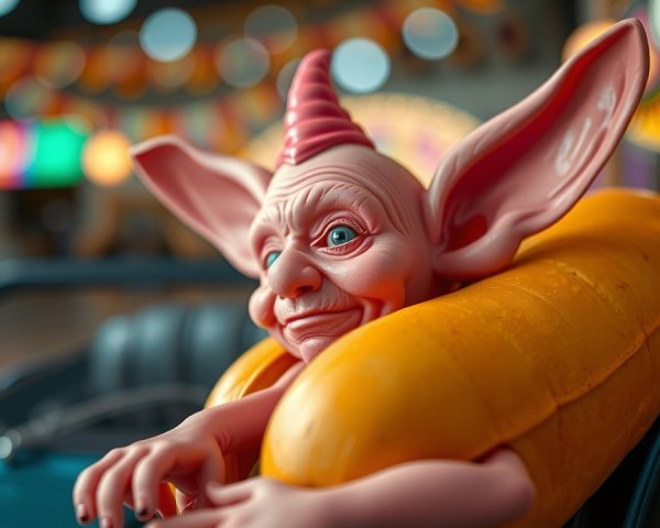 Whimsical Character in Colorful Vintage Car Scene