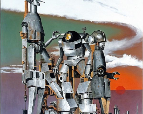 Metallic Robots Against a Sunset in Industrial Landscape