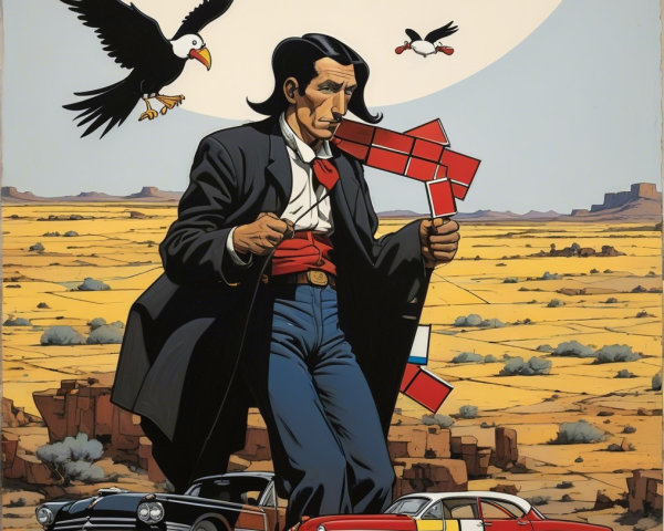 Suave Man with Geometric Shapes in Desert Landscape