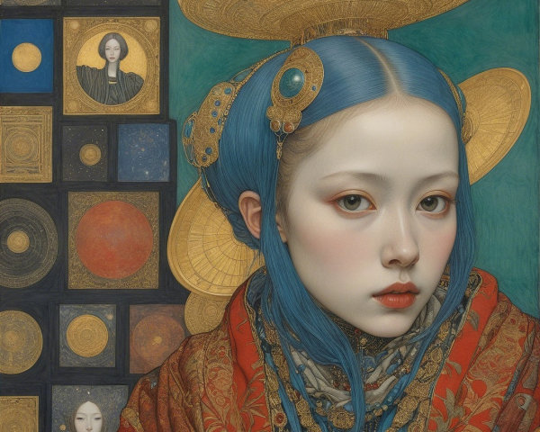 Young Woman with Blue Hair and Cosmic Backdrop