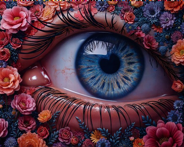 Detailed Eye Surrounded by Colorful Floral Elements