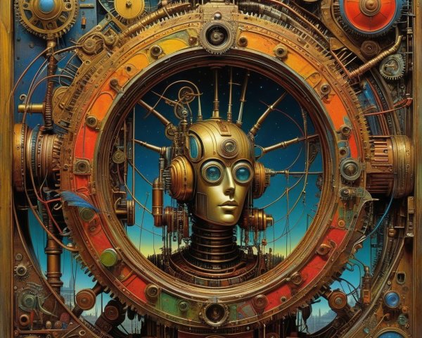 Steampunk Robotic Head Surrounded by Gears and Colors