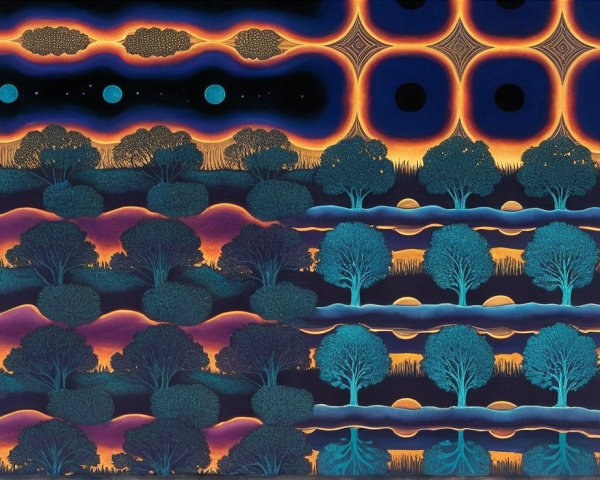 Surreal Landscape with Colorful Trees and Patterns