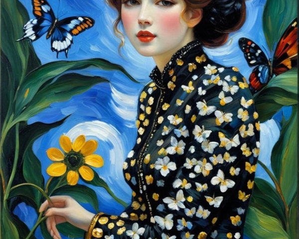 Portrait of a Young Woman in Black Dress with Sunflower