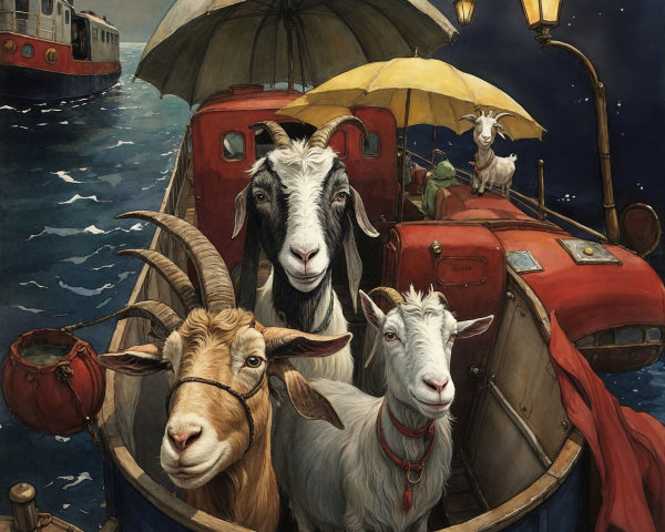 Whimsical Night Scene with Goats on a Boat