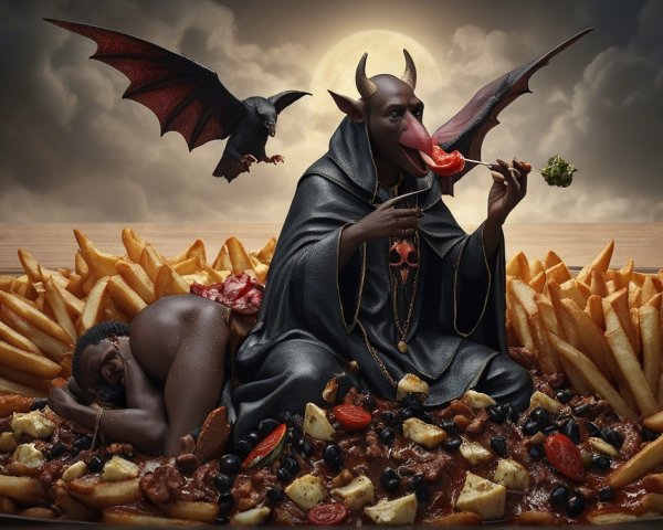 Menacing figure atop golden fries with eerie backdrop