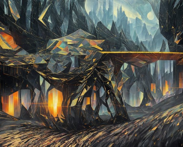 Surreal Landscape with Crystalline Formations and Mountains