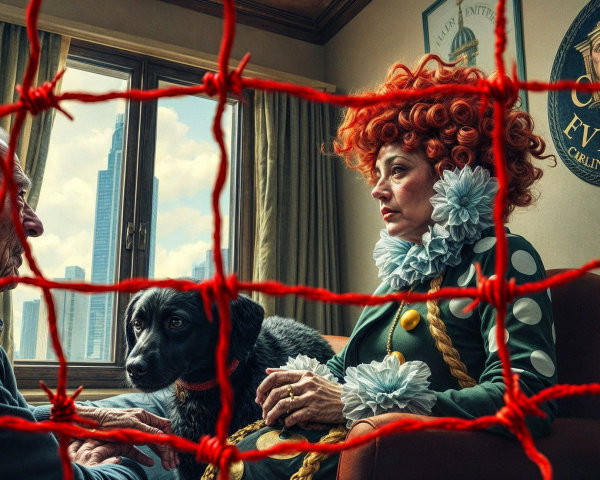 Surreal Scene of Woman with Red Hair in Urban Room