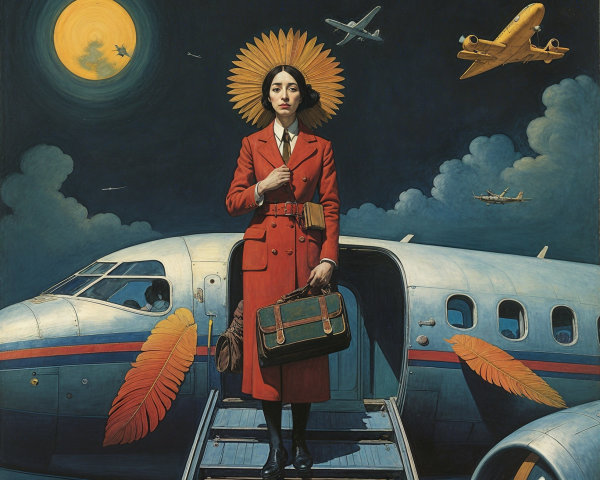 Woman at Airplane Door with Vibrant Feather Patterns