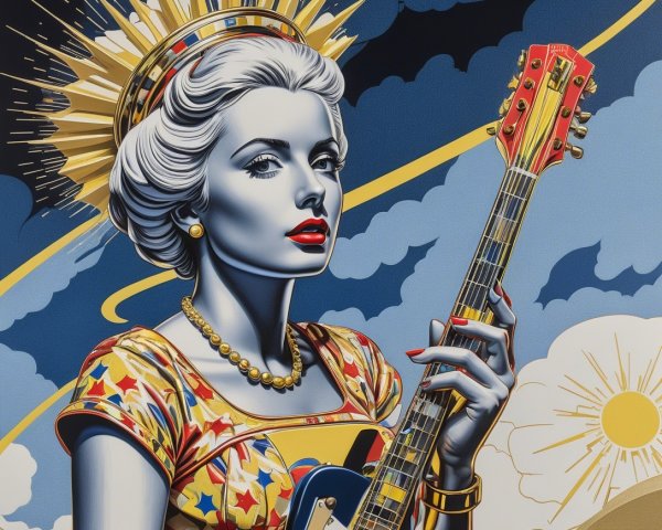 Glamorous Woman Portrait with Electric Guitar and Clouds