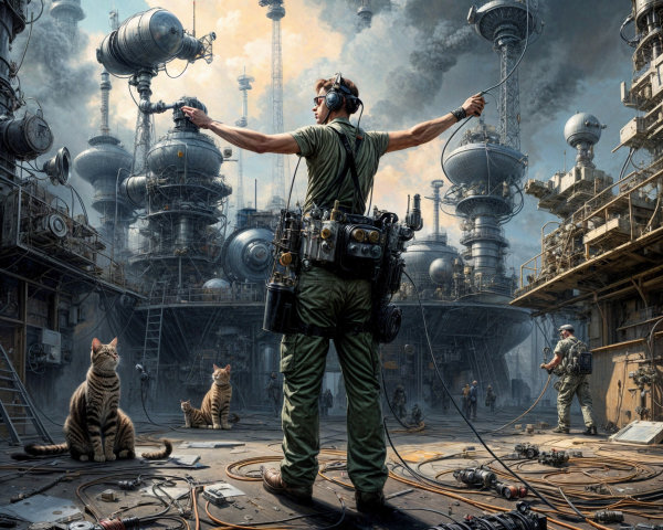 Futuristic Military Figure Among Communication Equipment