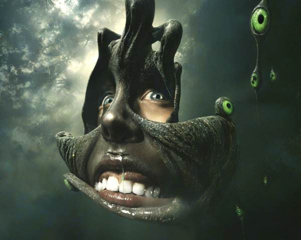 Surreal Portrait of Face in Dark Gooey Substance