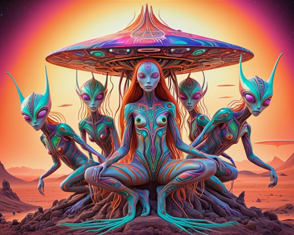 Ethereal Aliens Beneath Futuristic Mushroom Structure