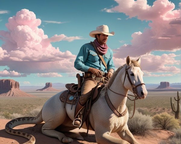 Cowboy on Unique White Horse in Desert Landscape