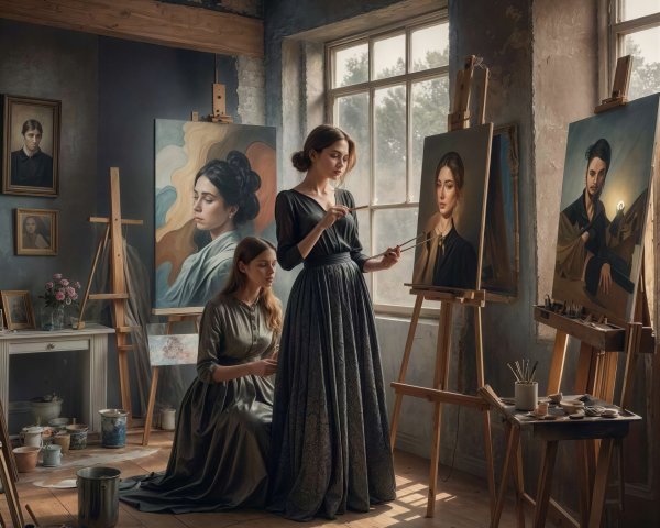 Women Painting in a Sunlit Art Studio Setting