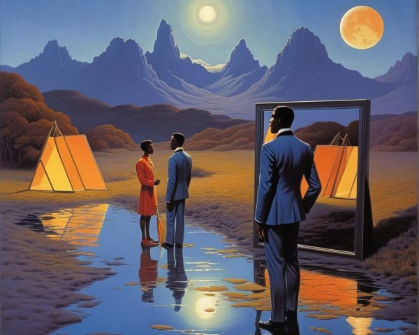 Surreal Twilight Landscape with Reflective Figures