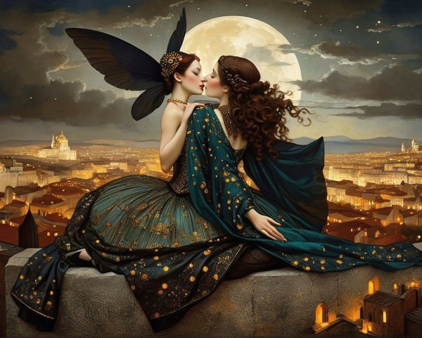 Elegant Women Overlooking Moonlit Cityscape