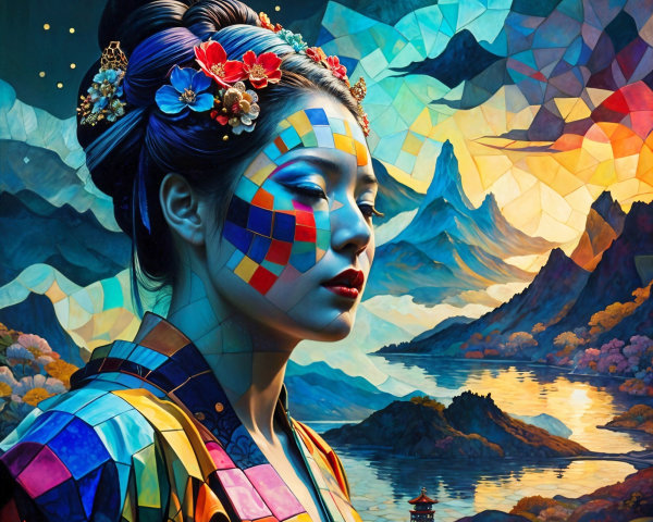 Vibrant Mosaic Garment with Scenic Landscape Background