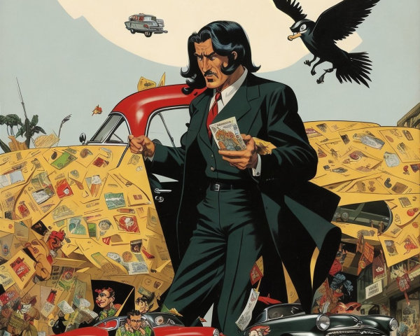 Dramatic Artwork Featuring Man, Vintage Cars, and Crow