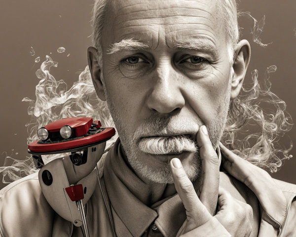 Black-and-white portrait of an older man with toy car