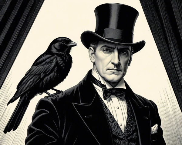 Formal Figure with Raven in Mysterious Setting