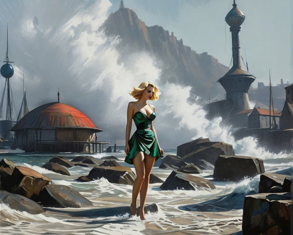 Woman in Green Dress Amidst Waves and Coastal Elements