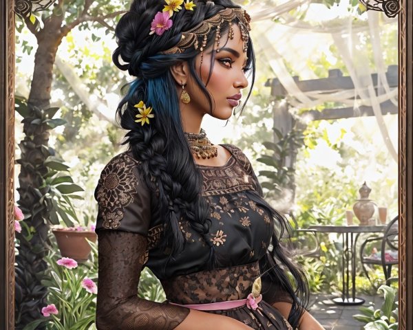 Woman in elegant black dress in lush garden setting