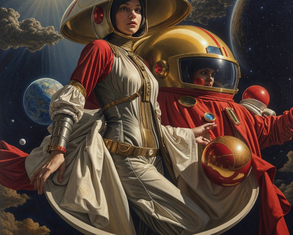 Female Astronaut in Cosmic Scene with Colorful Spheres
