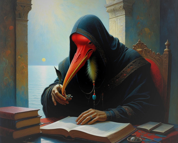 Cloaked Figure with Bird Head Studies Ancient Tome