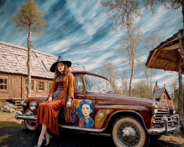 Young Woman in Orange Dress by Vintage Car and Mural