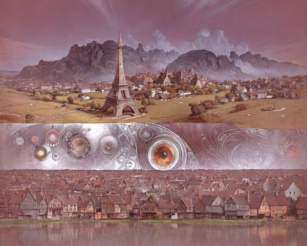 Surreal Landscape with Eiffel Tower and Lakeside Village