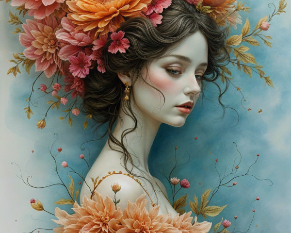 Serene Woman with Floral Headdress and Vines