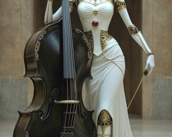 Futuristic humanoid figure beside a large cello