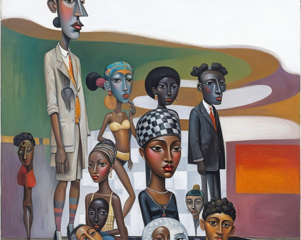 Stylized Figures in Vibrant Abstract Composition
