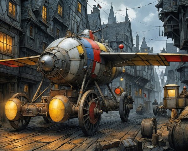Vintage Aircraft in Medieval Town with Steampunk Aesthetic