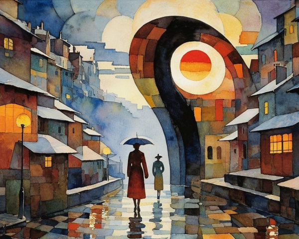 Abstract Cityscape with Colorful Sky and Umbrella Walkers