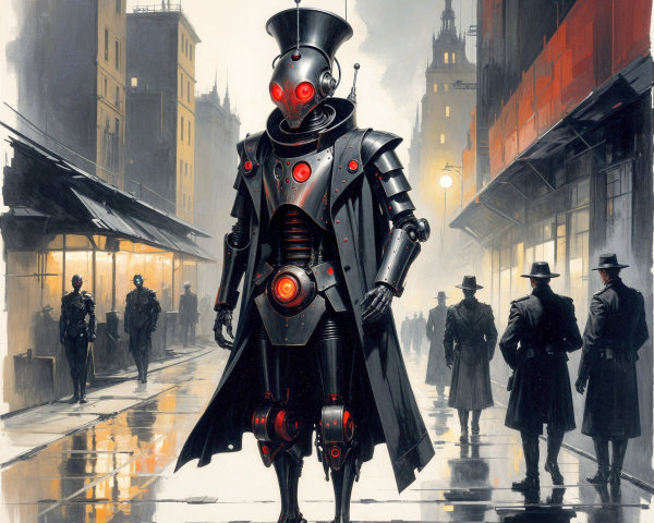 Futuristic Robot in Rainy Urban Noir Setting