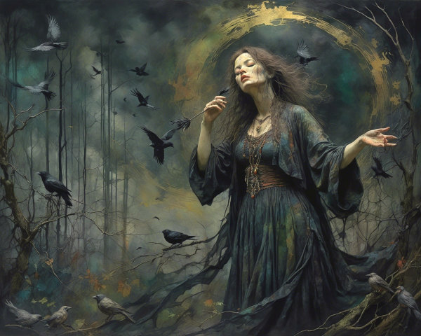 Mysterious Woman in Enchanted Forest with Crows